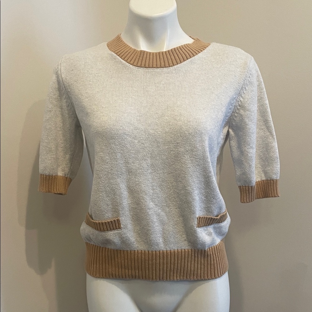 LOFT Cream Crewneck Sweater with Tan Rib Trim